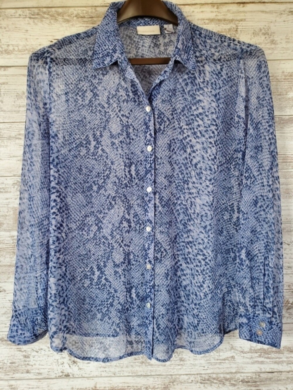 Chico's Sheer Snake Print Blue Long Sleeve Vacation Blouse